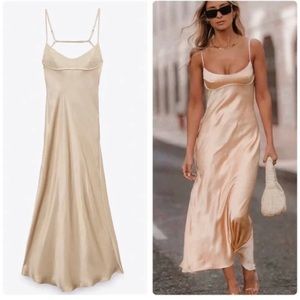 ZARA SATIN EFFECT CUT OUT DRESS in TAUPE GRAY